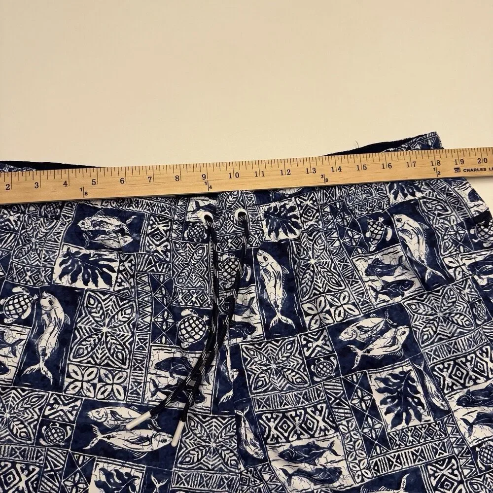 Lands’ End Mens ‎ 9” Volley Swim Trunks Shorts Navy Fish Block Print Sz XL